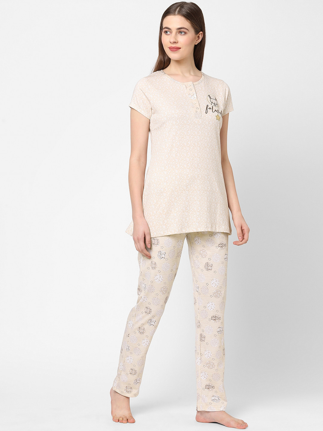

Sweet Dreams Women Beige & White Printed Night suit