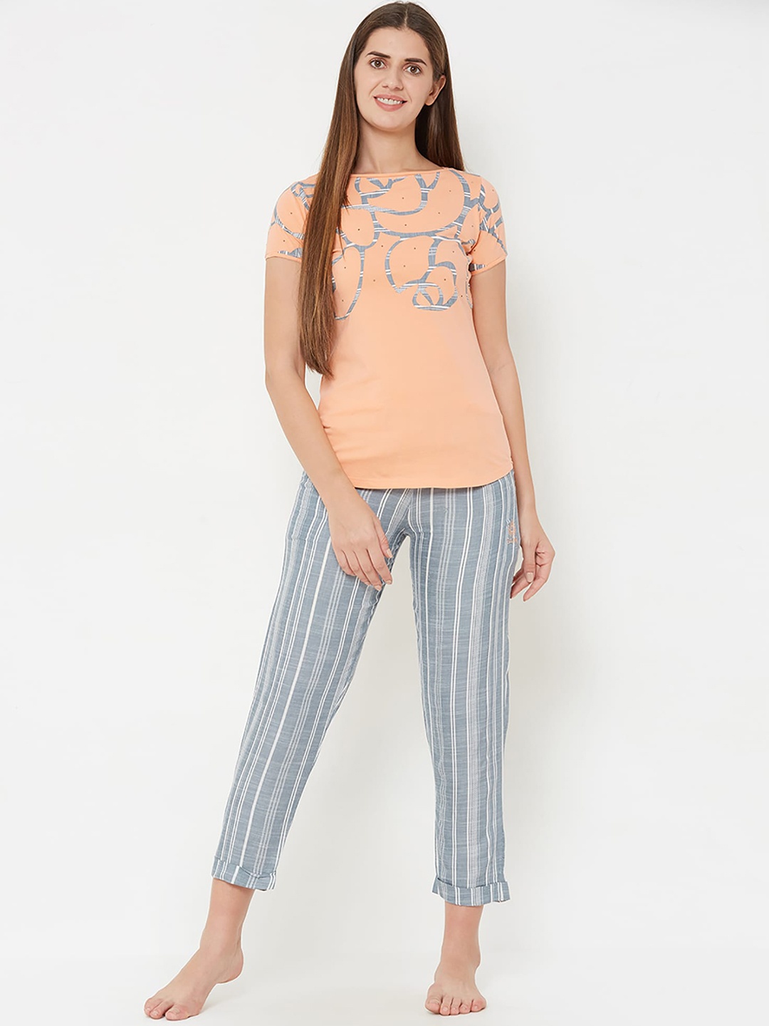 

Sweet Dreams Women Peach-Coloured & Grey Printed Night suit