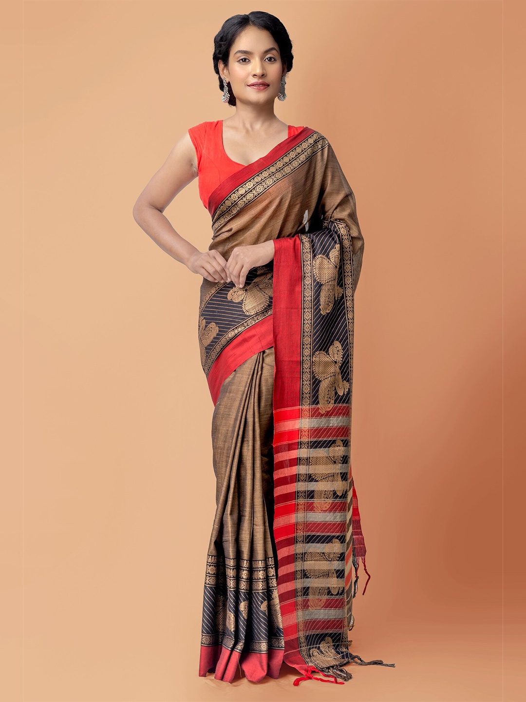 

Unnati Silks Brown & Red Woven Design Pure Cotton Handloom Sustainable Narayan Peth Saree