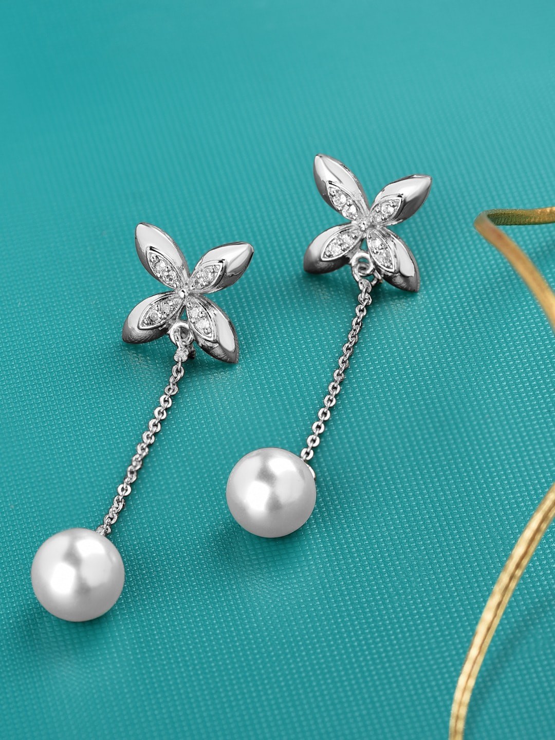 

AMI Silver-Plated White Pearl & CZ Studded Floral Drop Earrings
