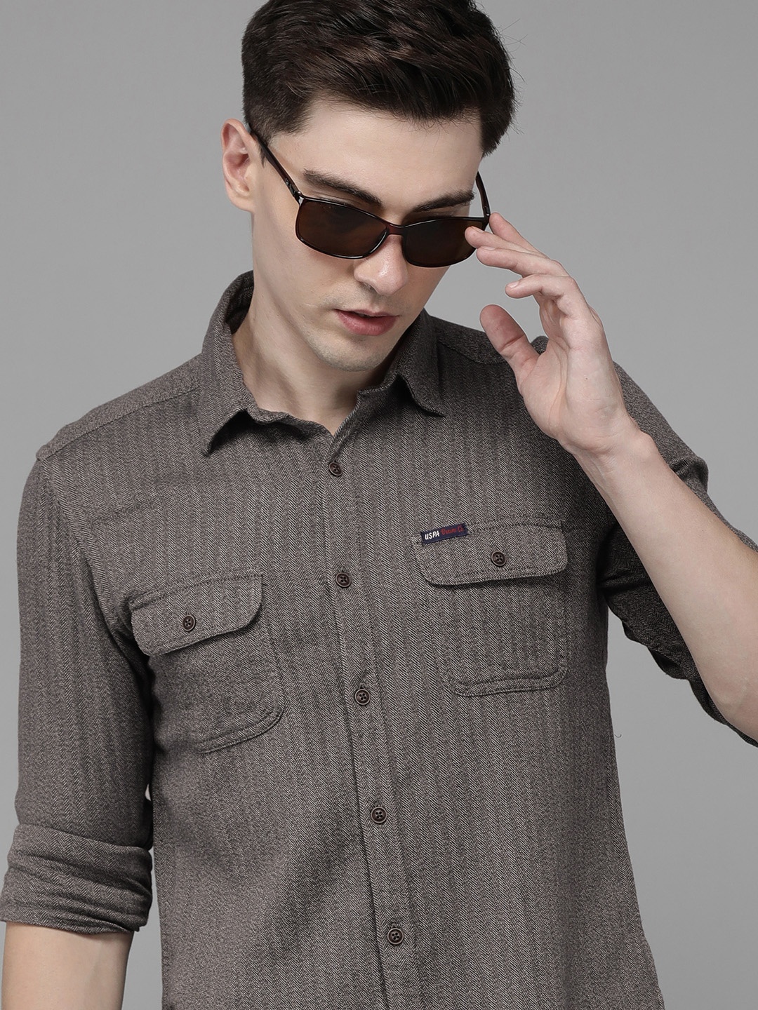 

U S Polo Assn Denim Co Men Grey Self Design Pure Cotton Casual Shirt