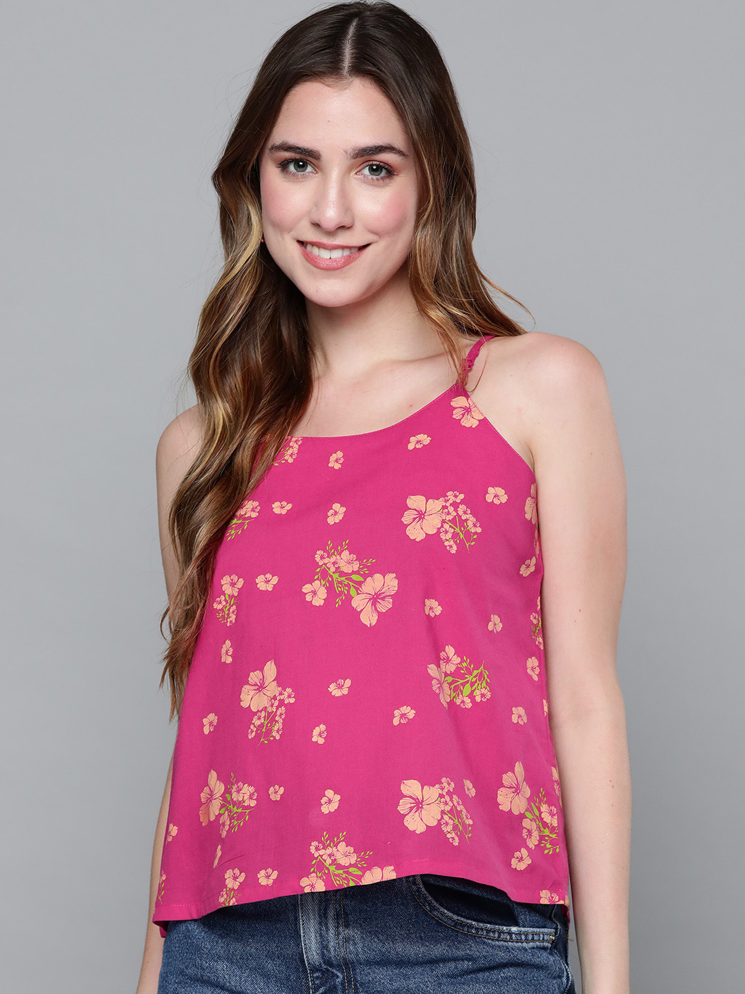 

HERE&NOW Pink & Beige Pure Cotton Floral Print Top