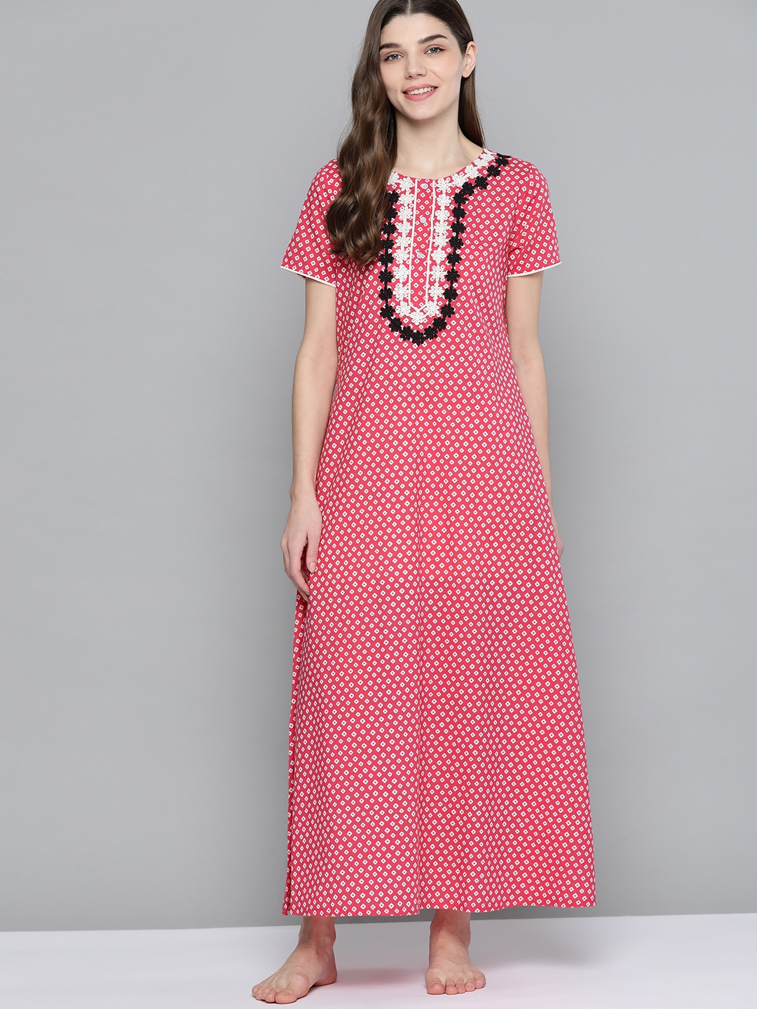 

HERE&NOW Women Pink & White Printed Pure Cotton Maxi Nightdress