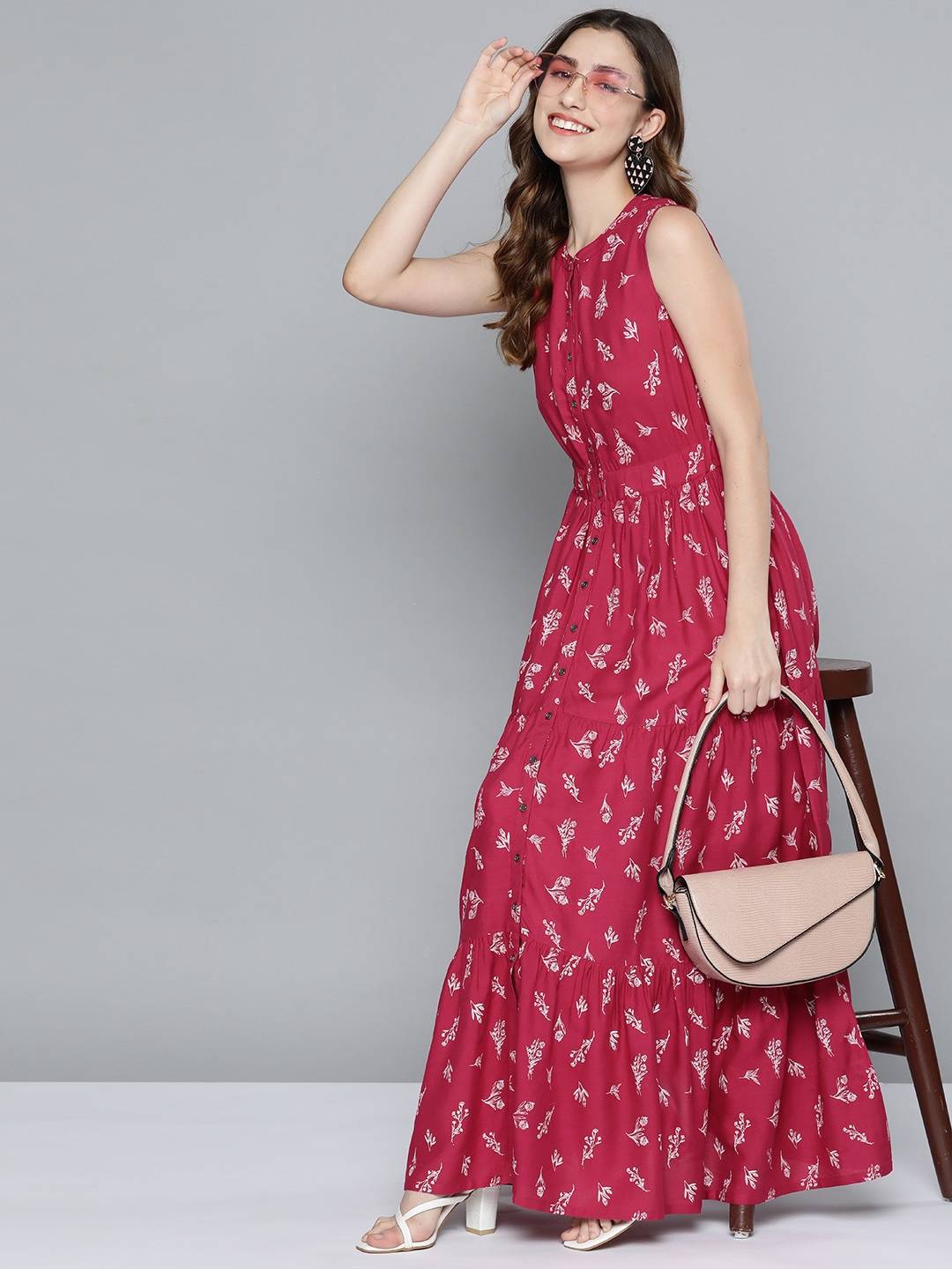 

HERE&NOW Women Pink & White Ethnic Motifs Tiered Maxi Dress