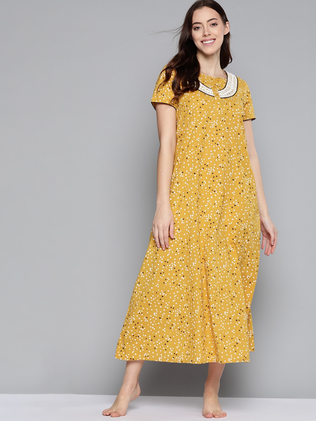 

HERE&NOW Women Mustard Brown Floral Printed Pure Cotton Maxi Nightdress