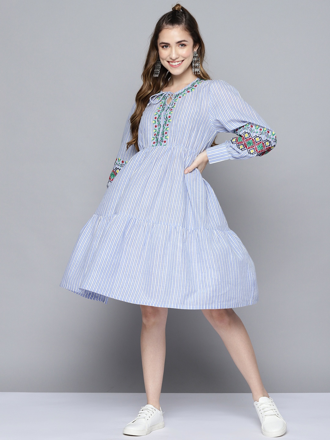 

HERE&NOW Blue & White Pure Cotton Striped Tie-Up Neck A-Line Dress