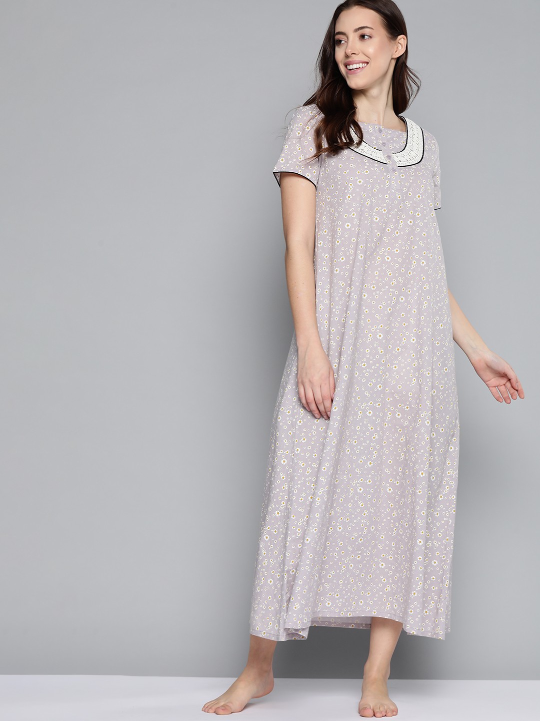 

HERE&NOW Women Mauve Floral Printed Pure Cotton Maxi Nightdress