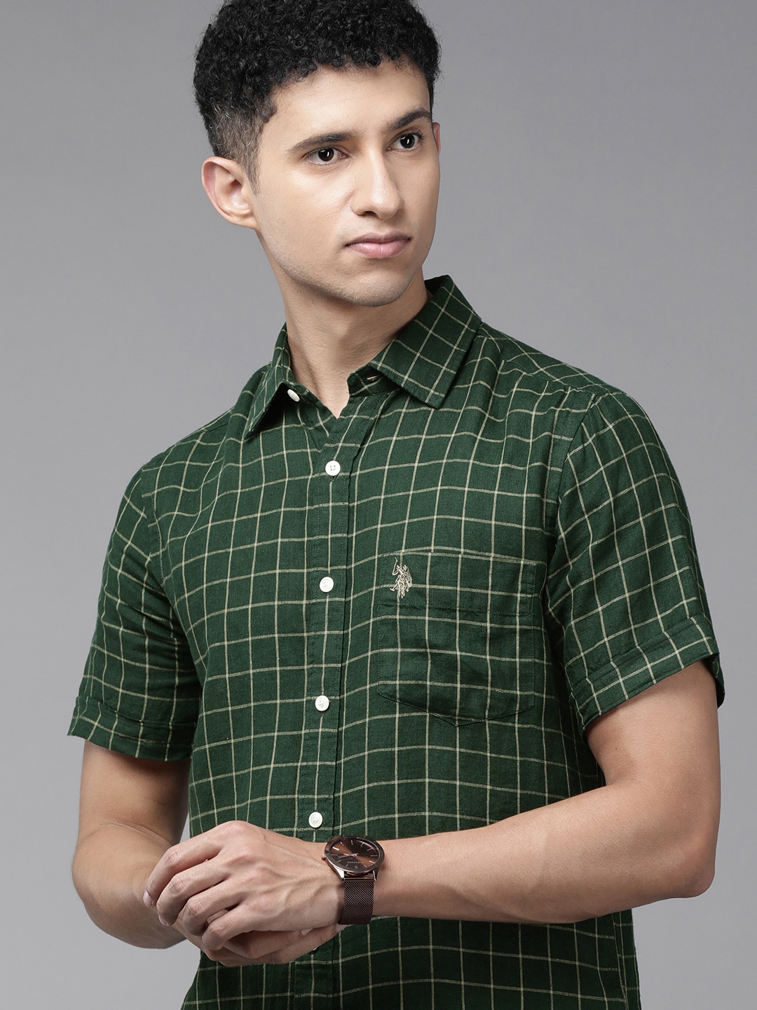 

U.S. Polo Assn. Men Green Tailored Fit Checked Pure Linen Casual Shirt