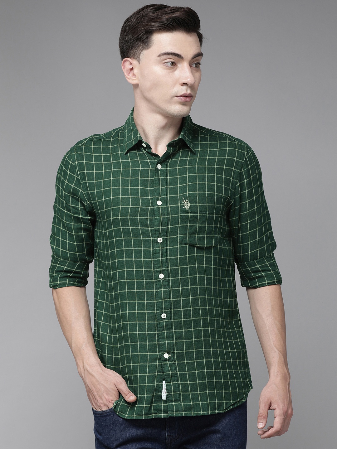 

U.S. Polo Assn. Men Green Tailored Fit Checked Pure Cotton Casual Shirt