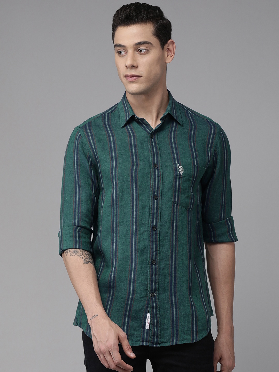 

U S Polo Assn Men Green Tailored Fit Striped Linen Casual Shirt