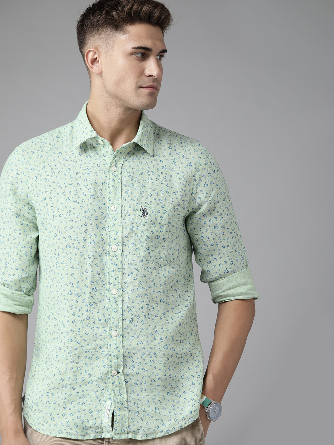 

U S Polo Assn Men Green & Blue Pure Linen Tailored Fit Floral Printed Casual Shirt