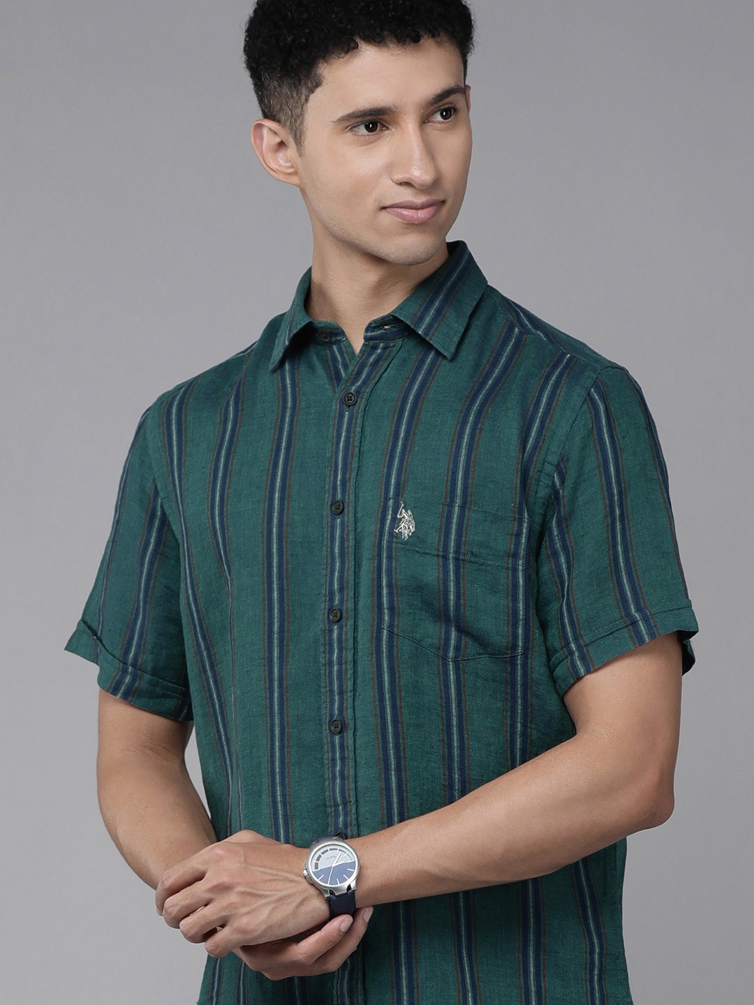 

U.S. Polo Assn. Men Green & Navy Blue Tailored Fit Striped Pure Linen Casual Shirt