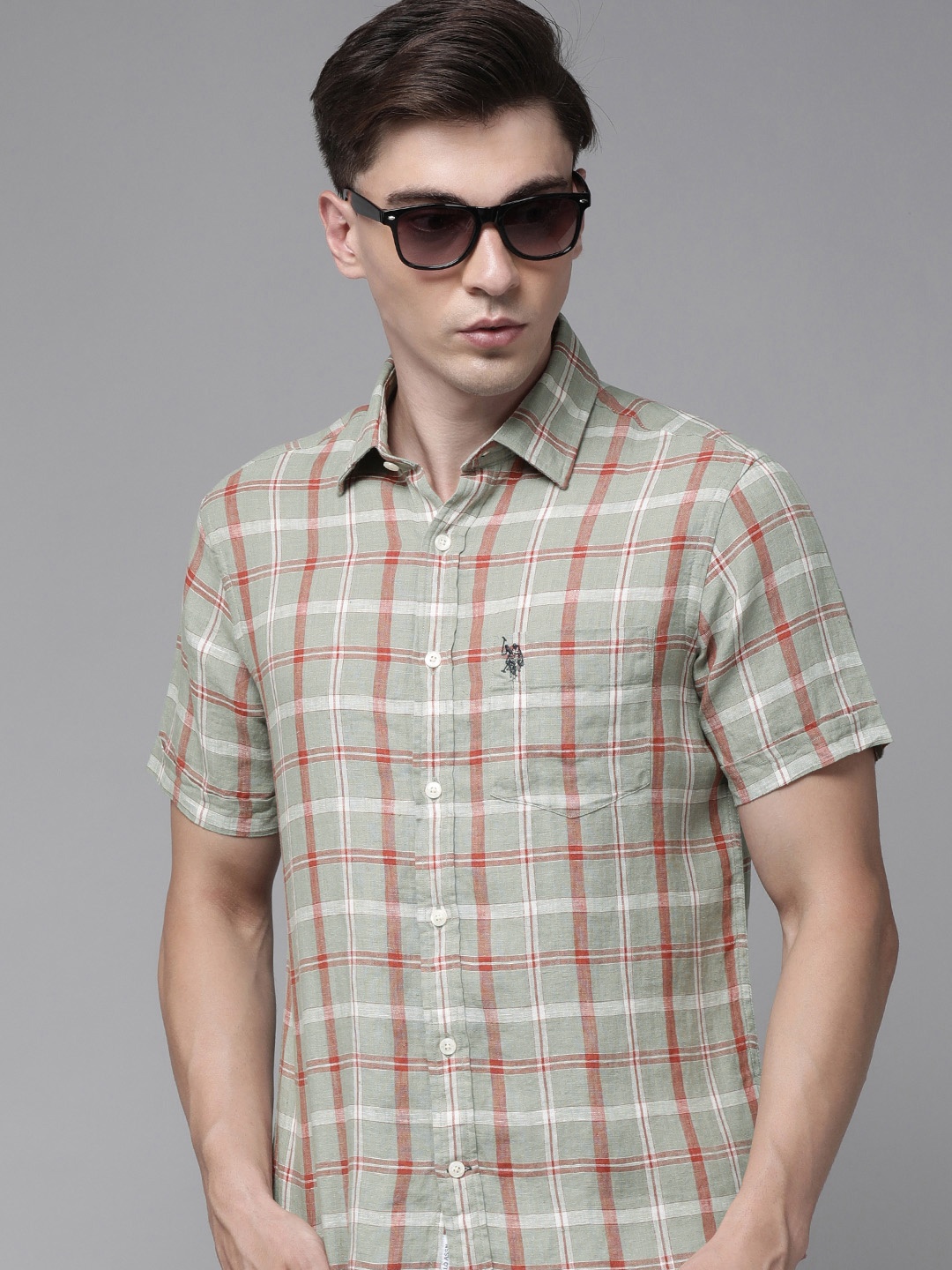

U S Polo Assn Men Sage Green And Red Tailored Fit Tartan Checked Casual Shirt