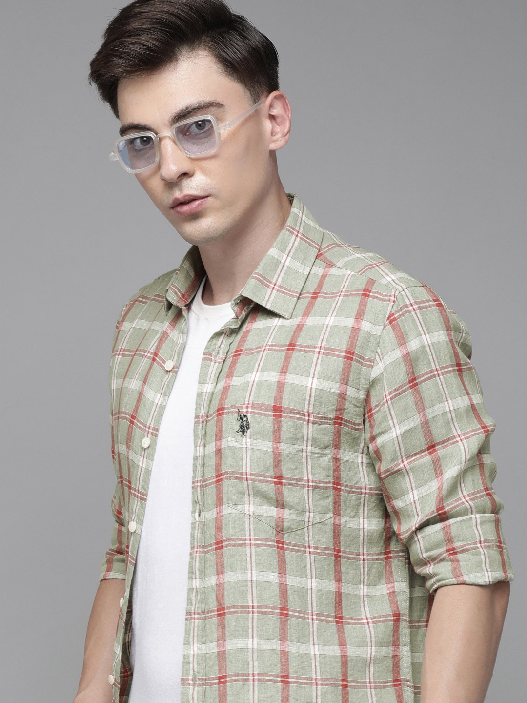 

U S Polo Assn Men Green Tailored Fit Checked Linen Casual Shirt