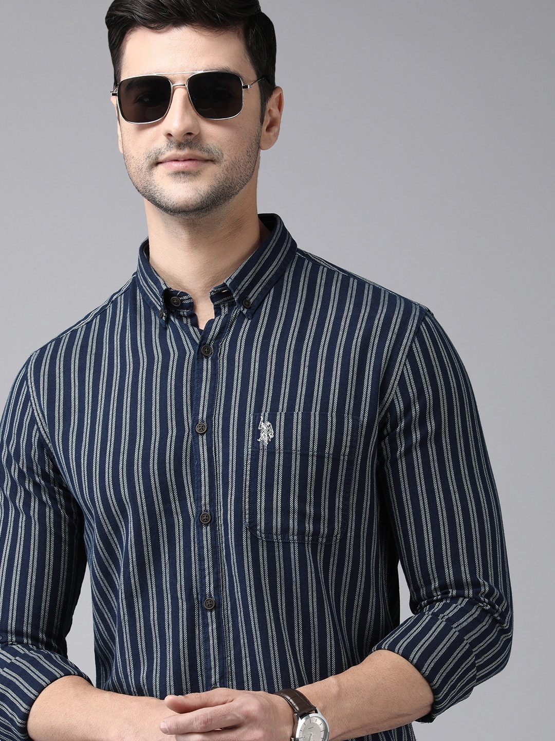 

U S Polo Assn Denim Co Men Blue & White Striped Casual Shirt