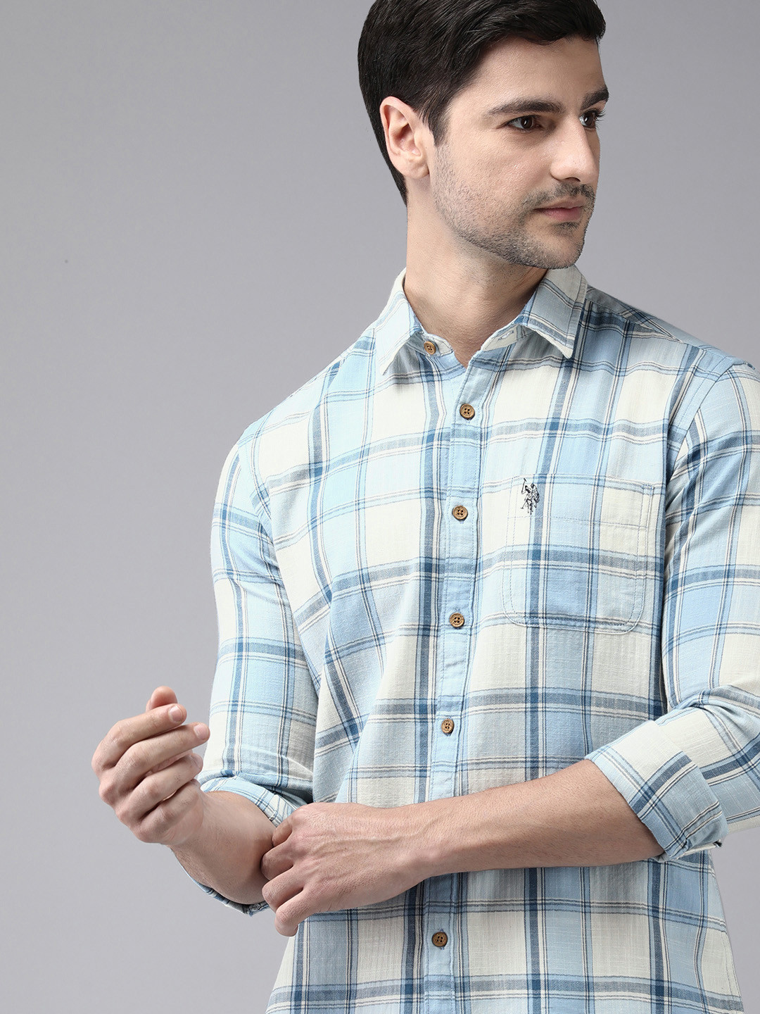 

U S Polo Assn Denim Co Men Blue Checked Pure Cotton Casual Shirt