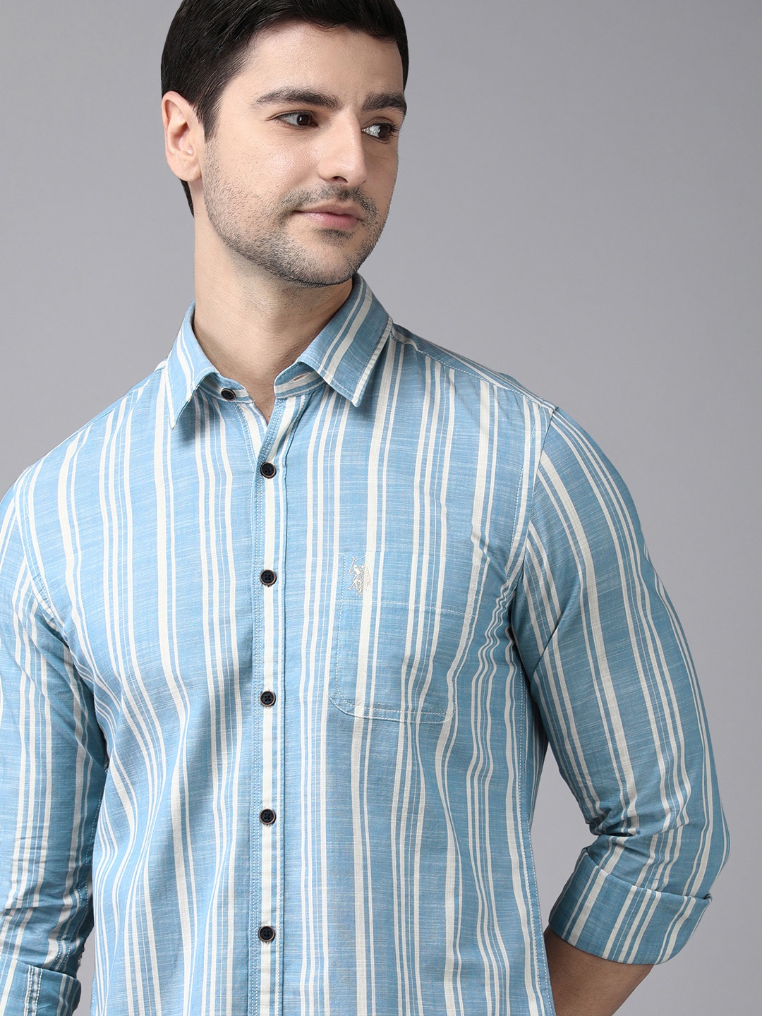 

U S Polo Assn Denim Co Men Blue & White Striped Casual Shirt