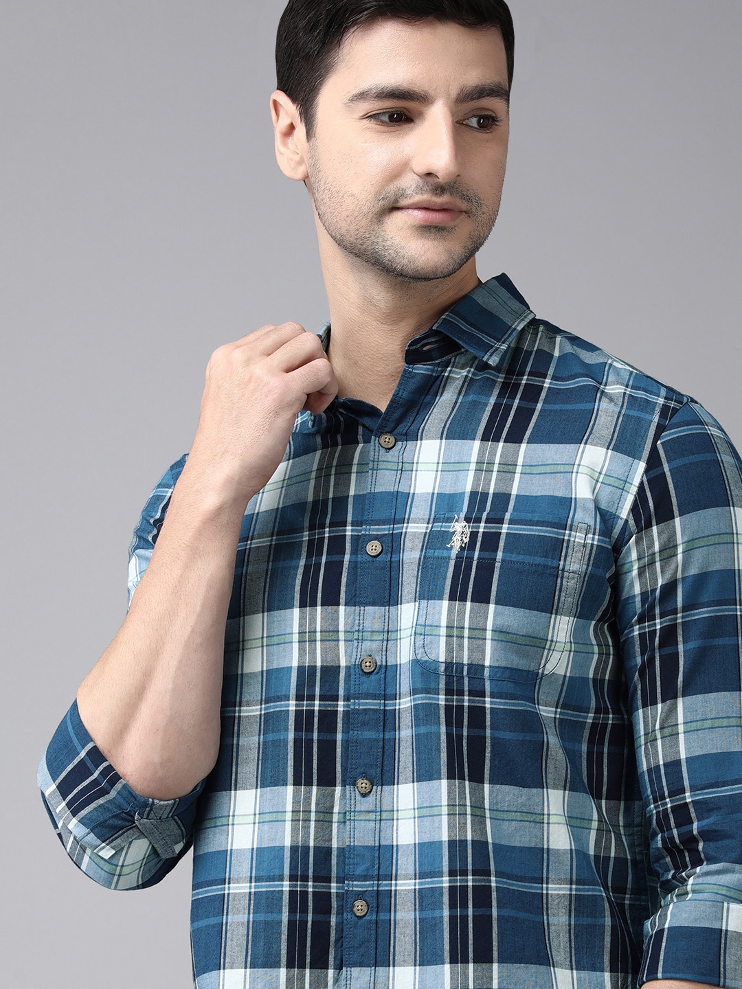 

U S Polo Assn Denim Co Men Blue & White Checked Casual Shirt