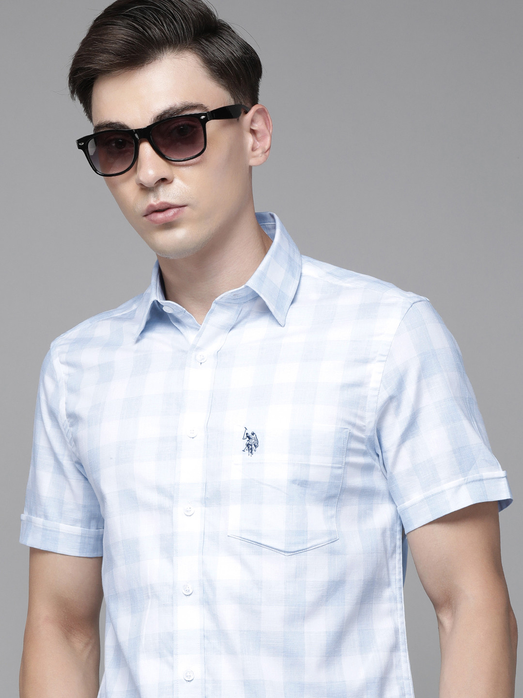 

U S Polo Assn Men Blue & White Checked Casual Shirt