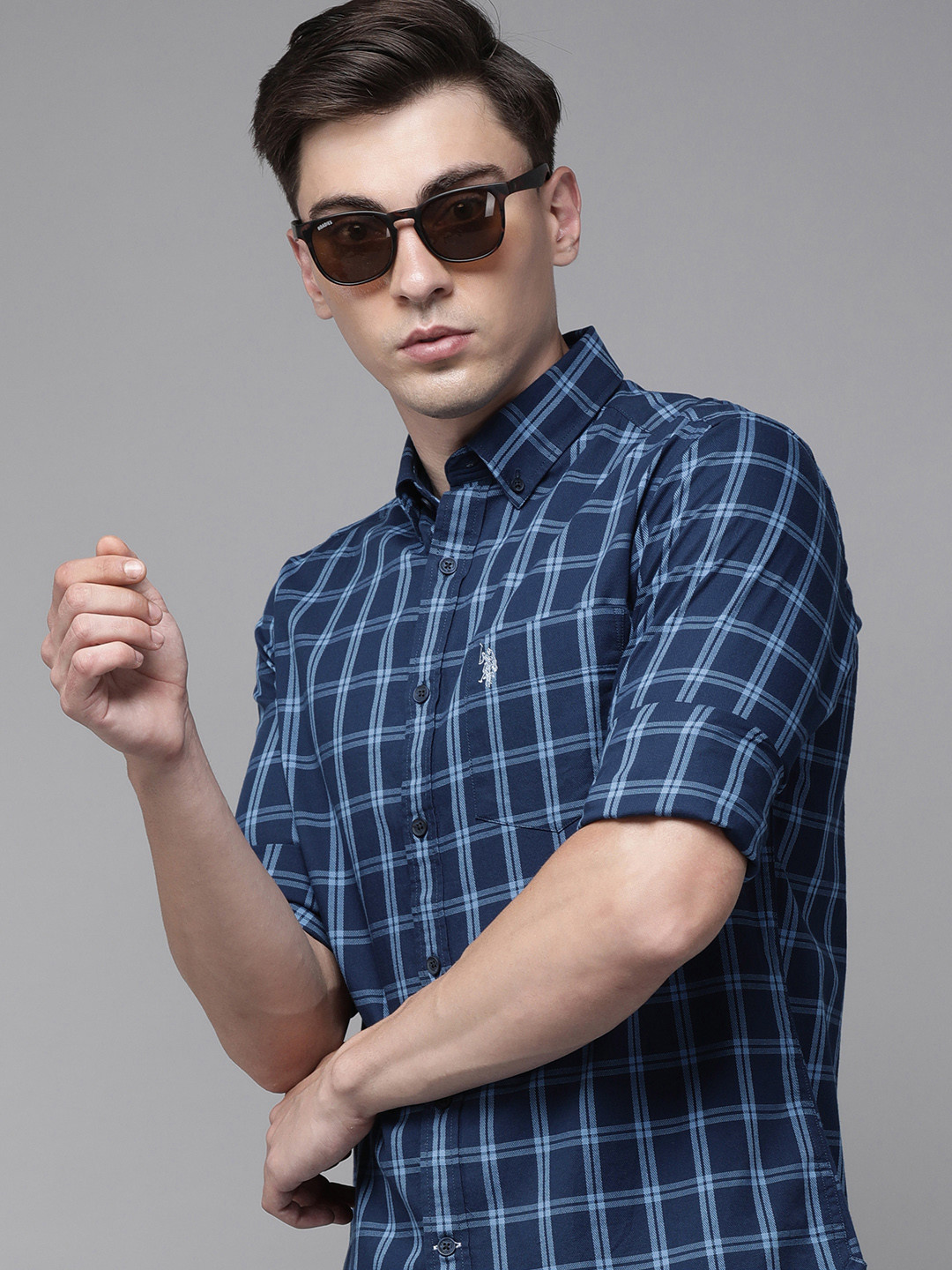 

U S Polo Assn Men Navy Blue Tailored Fit Windowpane Checked Casual Shirt