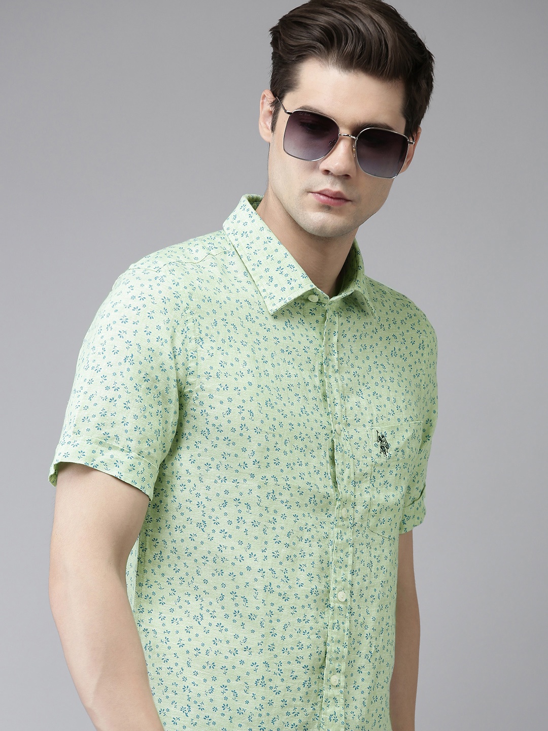 

U S Polo Assn Linen Floral Printed Casual Shirt, Green