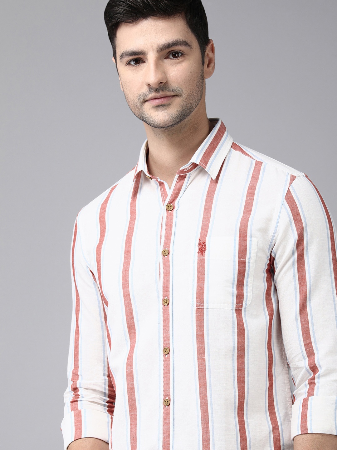 

U S Polo Assn Denim Co Men White Striped Solid Casual Cotton-Linen Shirt