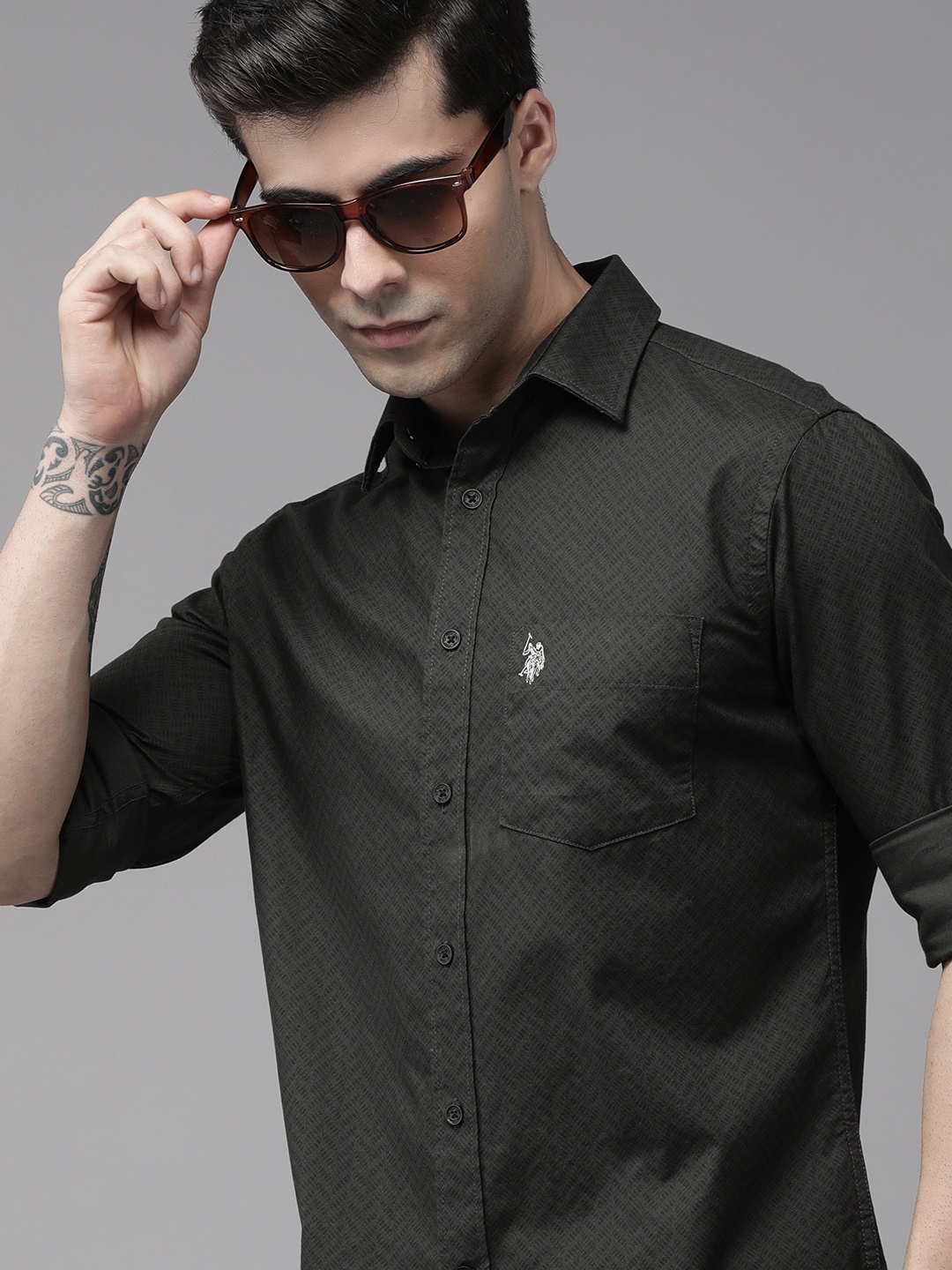 

U S Polo Assn Men Black Self Design Pure Cotton Casual Shirt