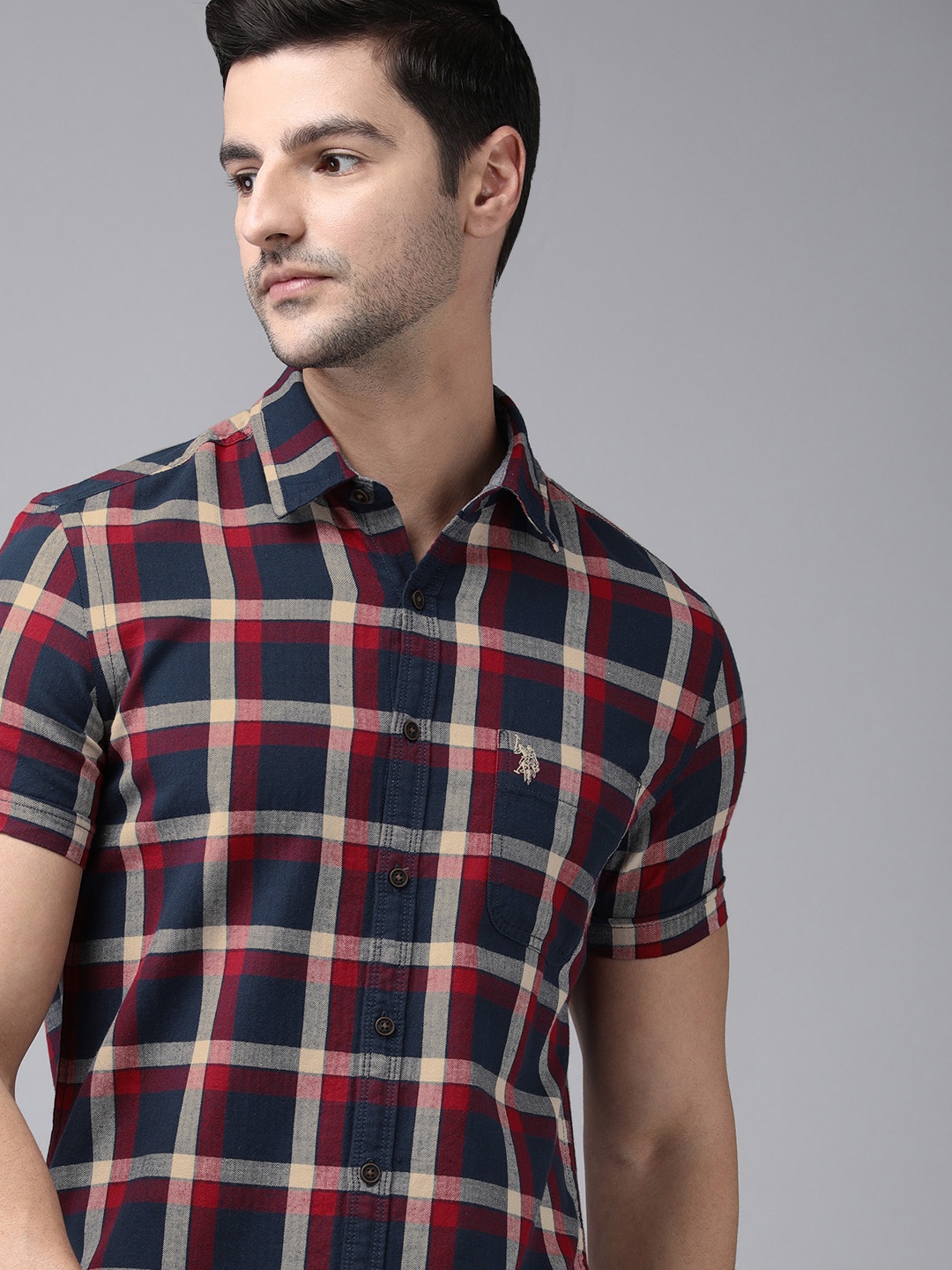 

U S Polo Assn Denim Co Men Navy Blue & Red Checked Pure Cotton Casual Shirt