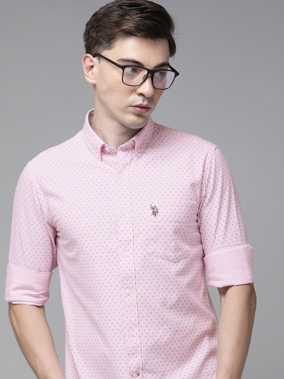 

U S Polo Assn Men Pink Tailored Fit Printed Pure Cotton Casual Shirt