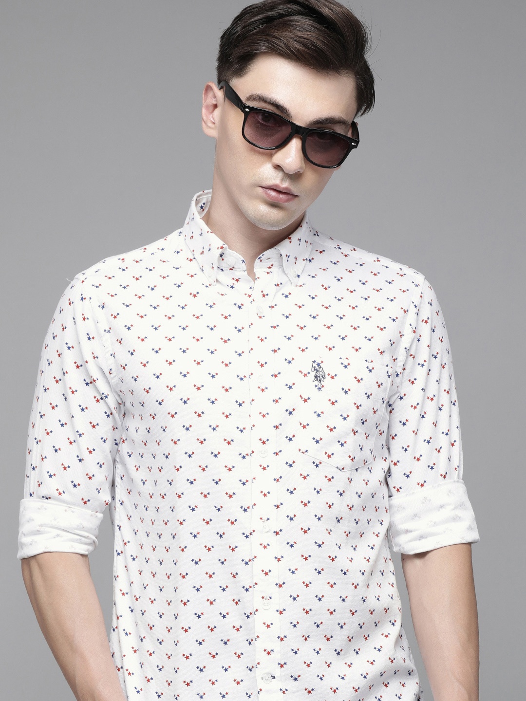 

U S Polo Assn Men White & Red Tailored Fit Printed Pure Cotton Casual Shirt