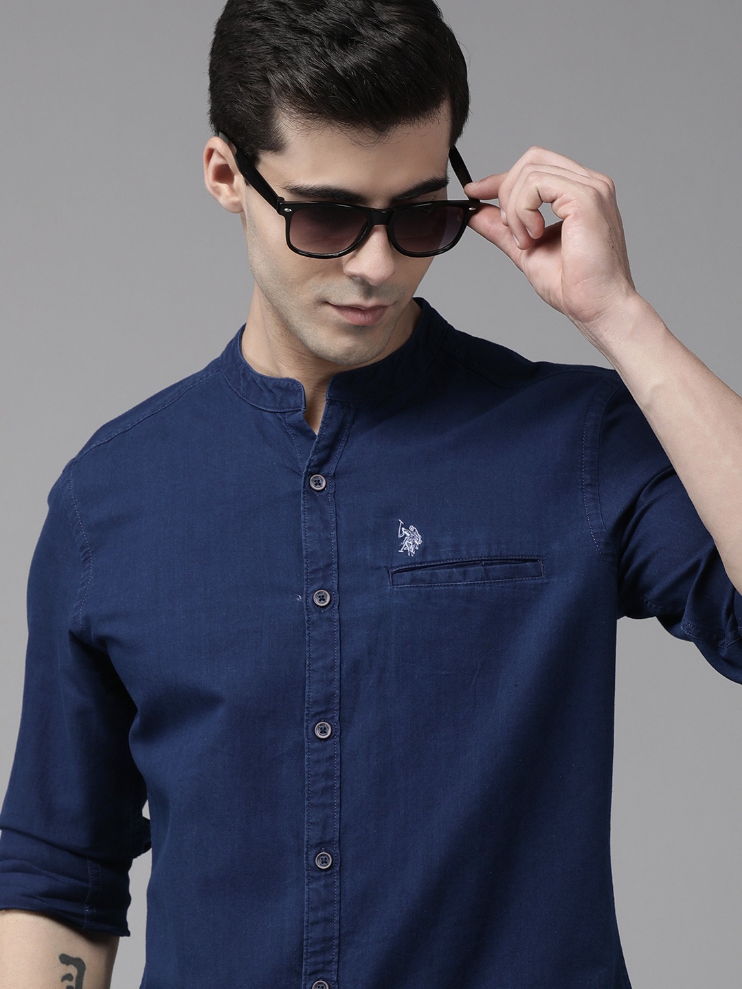 

U S Polo Assn Denim Co Men Navy Blue Mandarin Collar Casual Shirt