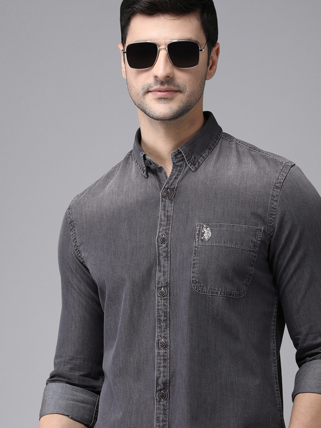 

U S Polo Assn Denim Co Men Grey Solid Casual Shirt