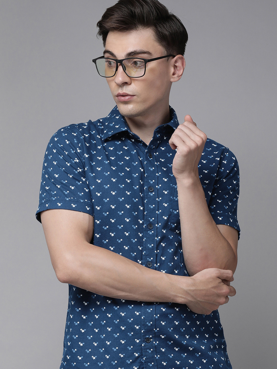 

U S Polo Assn Men Navy Blue Tailored Fit Printed Casual Shirt