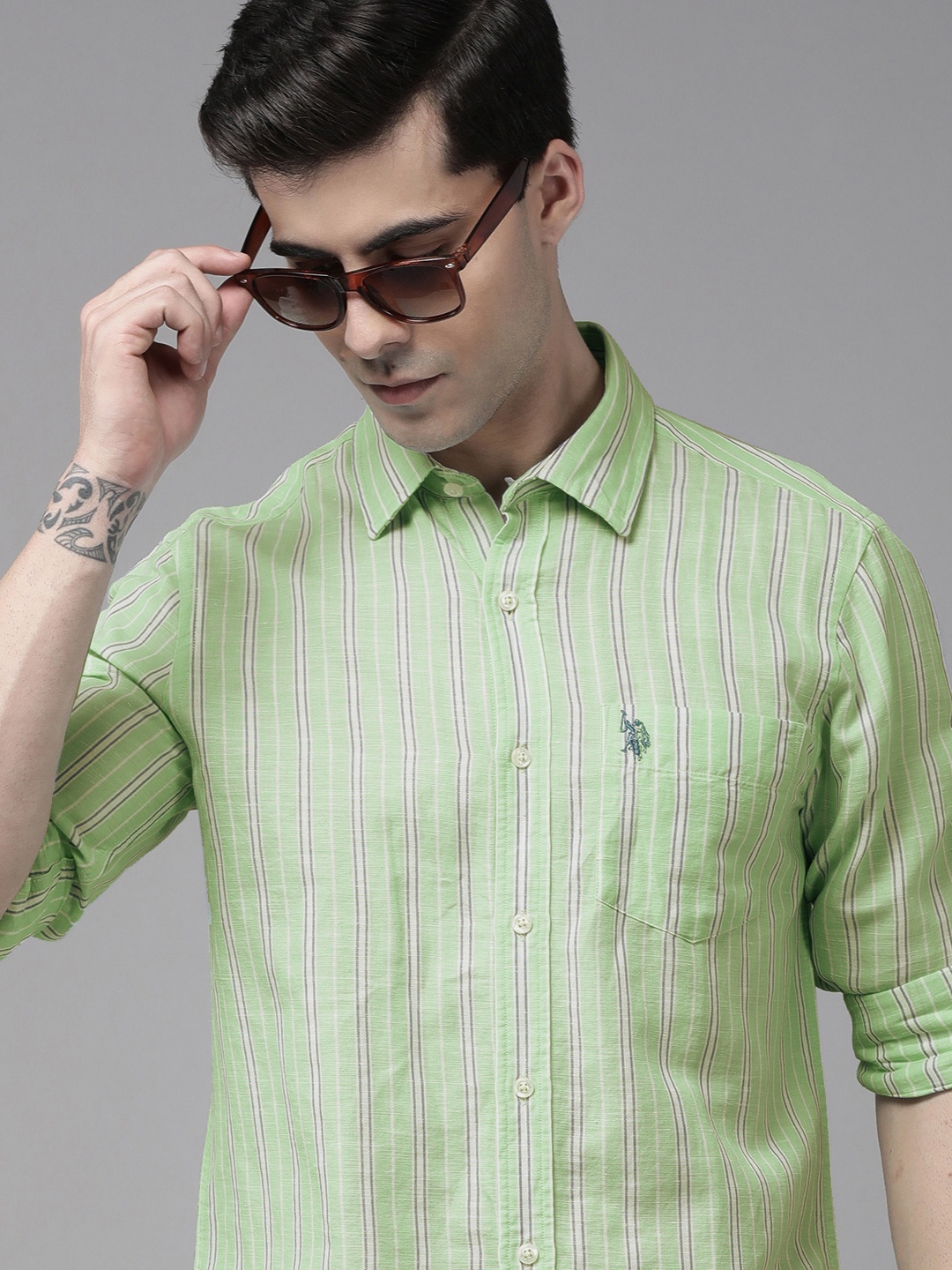 

U S Polo Assn Men Mint Green And White Striped Casual Cotton Linen Shirt