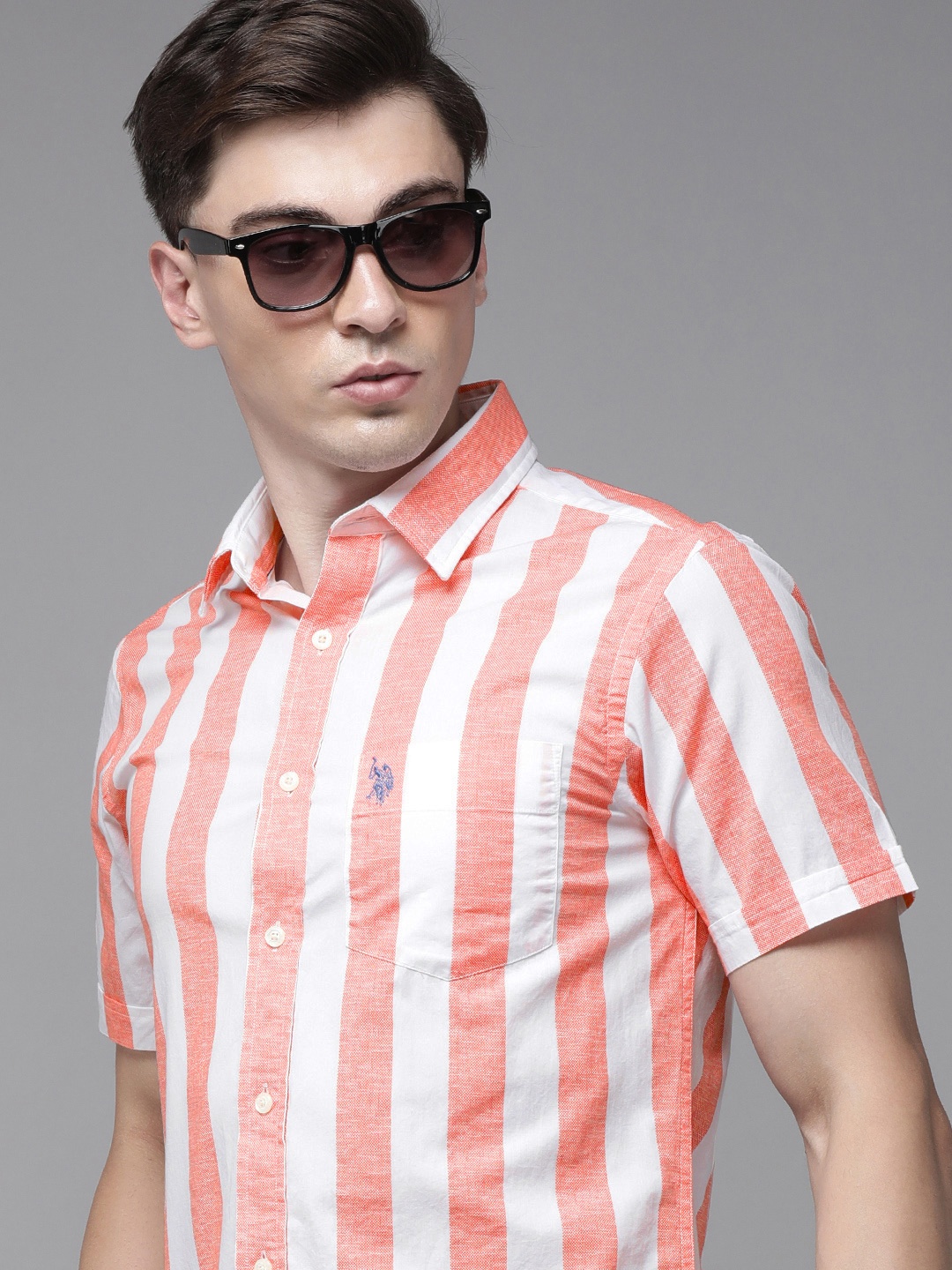 

U.S. Polo Assn. Men Orange Tailored Fit Bengal Stripes Opaque Pure Cotton Casual Shirt