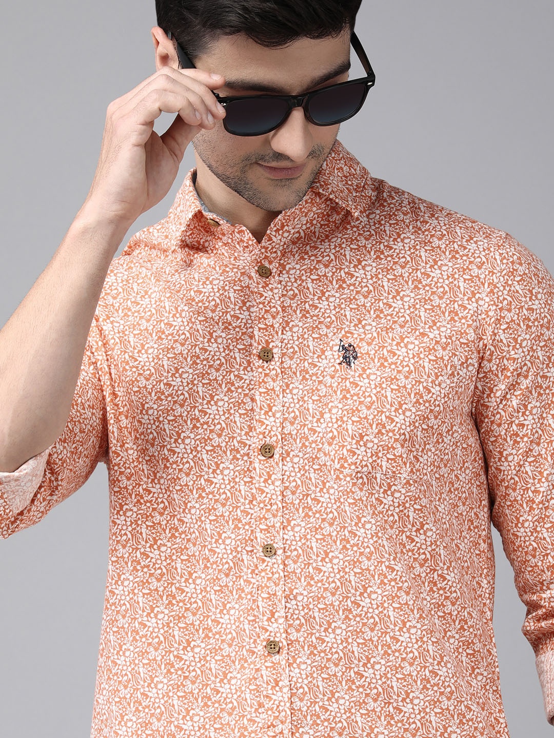 

U S Polo Assn Denim Co Men Orange Floral Printed Casual Shirt