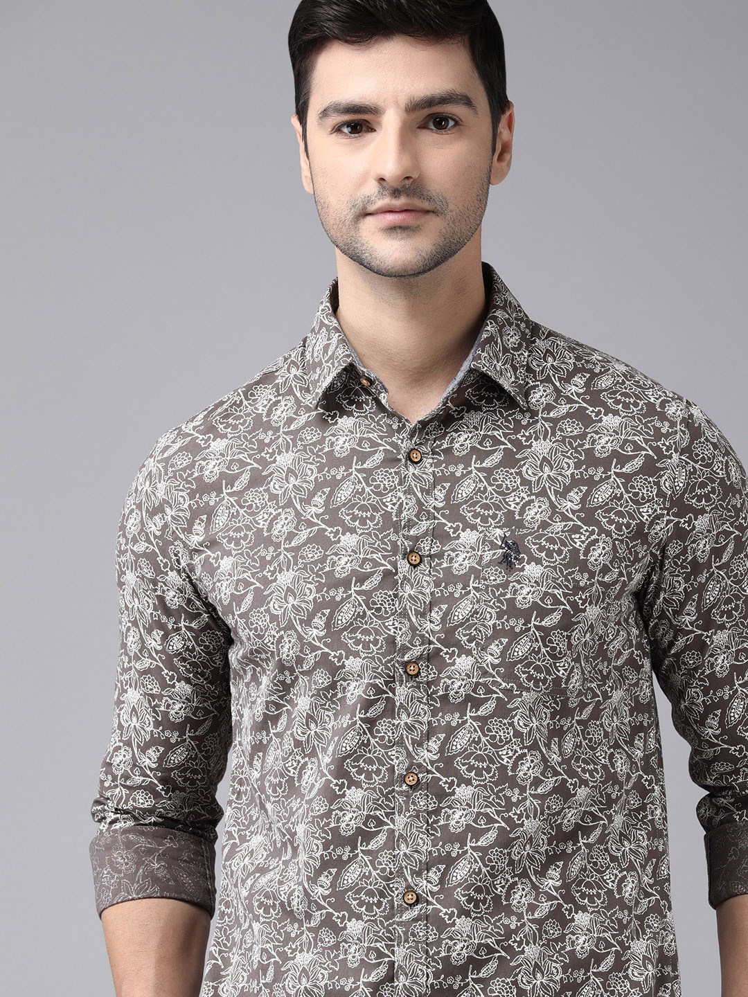 

U S Polo Assn Denim Co Men Grey & White Floral Printed Casual Shirt