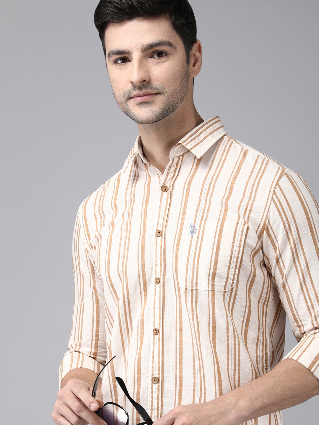 

U S Polo Assn Denim Co Men Beige & Brown Striped Casual Shirt