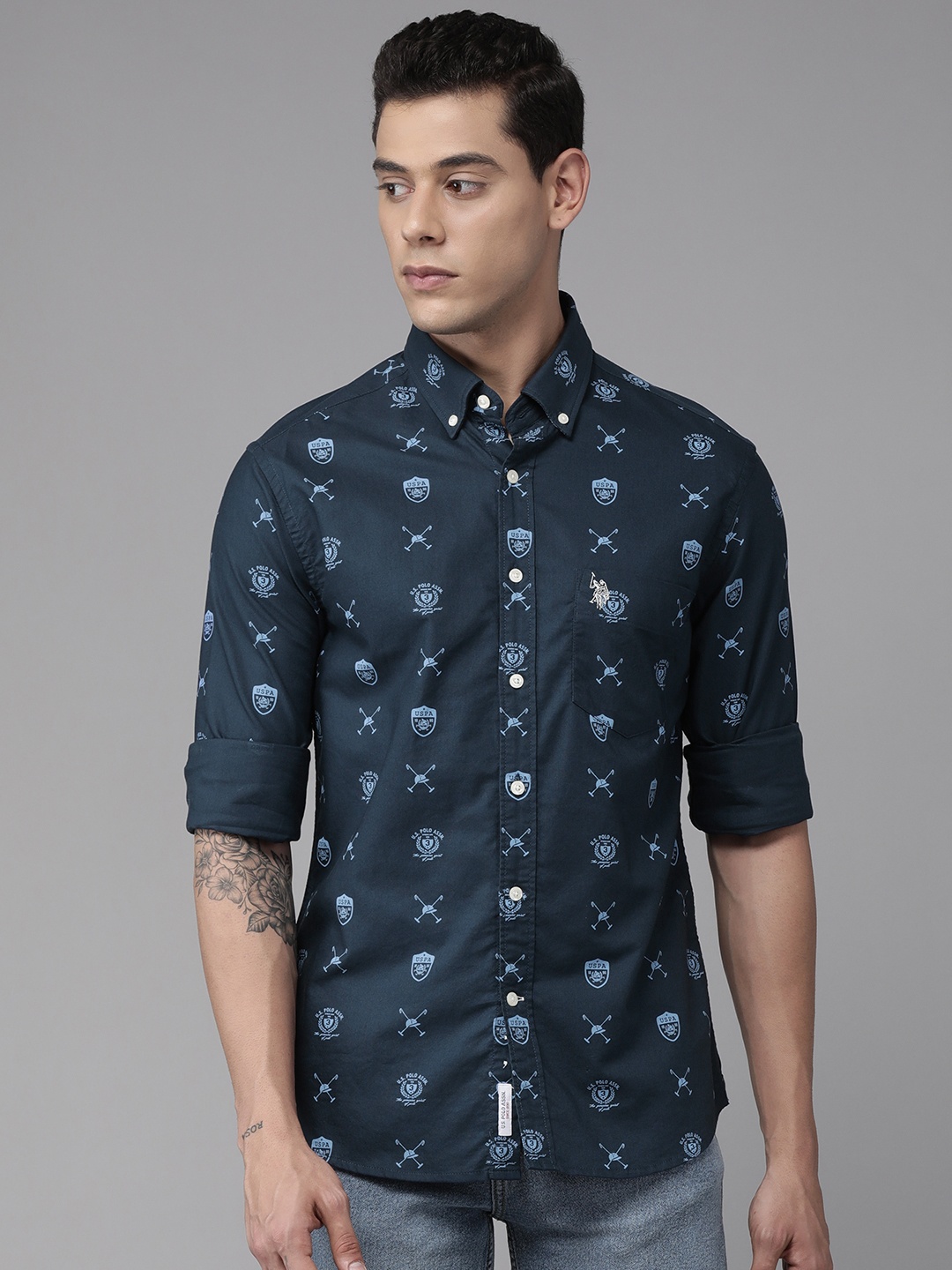 

U S Polo Assn Men Blue Tailored Fit Printed Casual Shirt