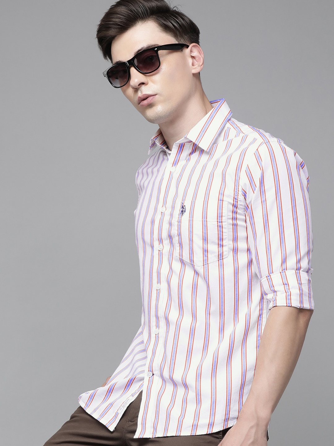 

U S Polo Assn Men White & Blue Striped Casual Shirt