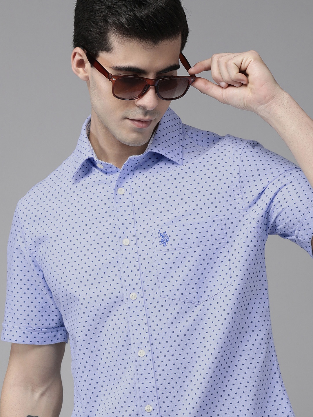 

U S Polo Assn Men Blue Ditsy Printed Pure Cotton Casual Shirt