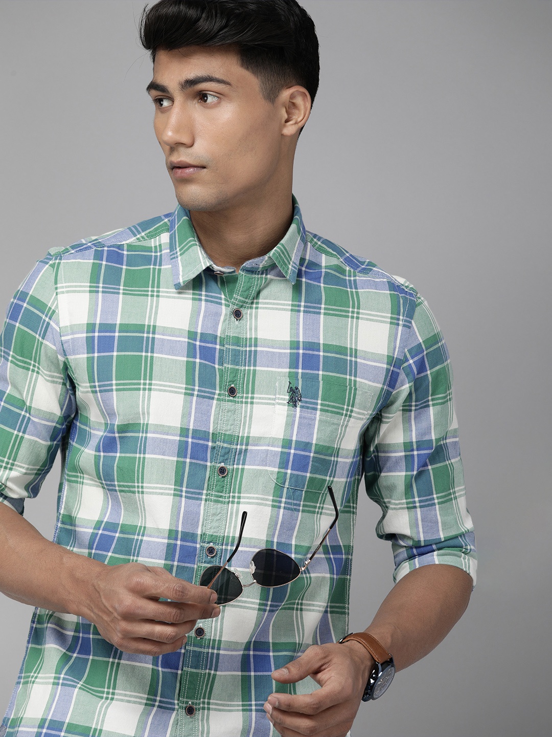 

U S Polo Assn Denim Co Men Green Tartan Checks Casual Shirt