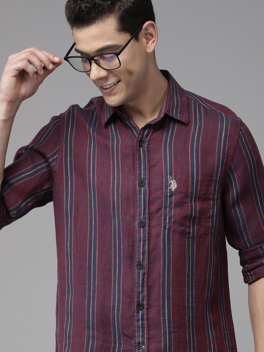 

U S Polo Assn Men Maroon Tailored Fit Striped Linen Casual Shirt