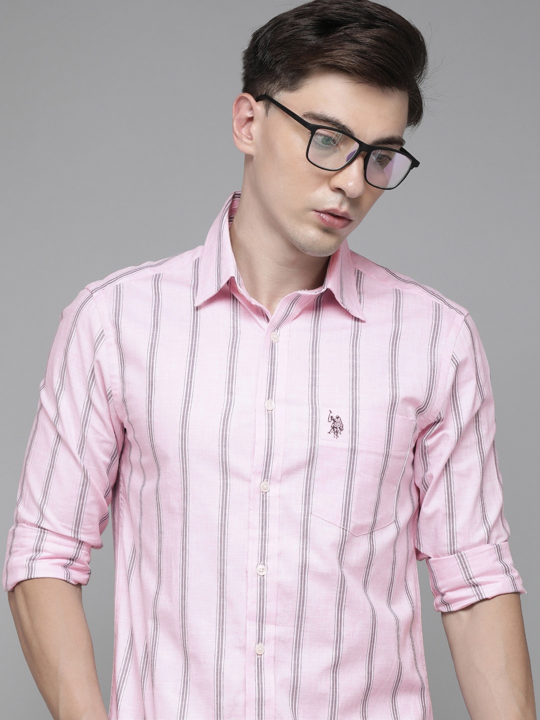 

U S Polo Assn Men Pink Tailored Fit Striped Casual Shirt