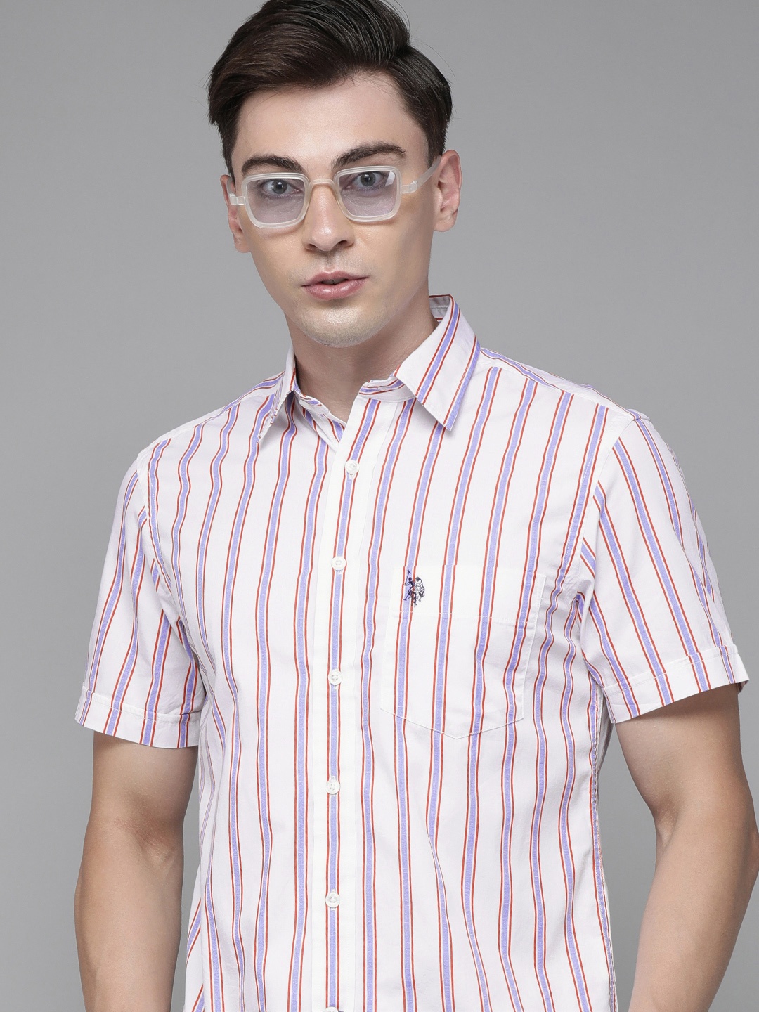 

U S Polo Assn Men White & Blue Striped Casual Shirt