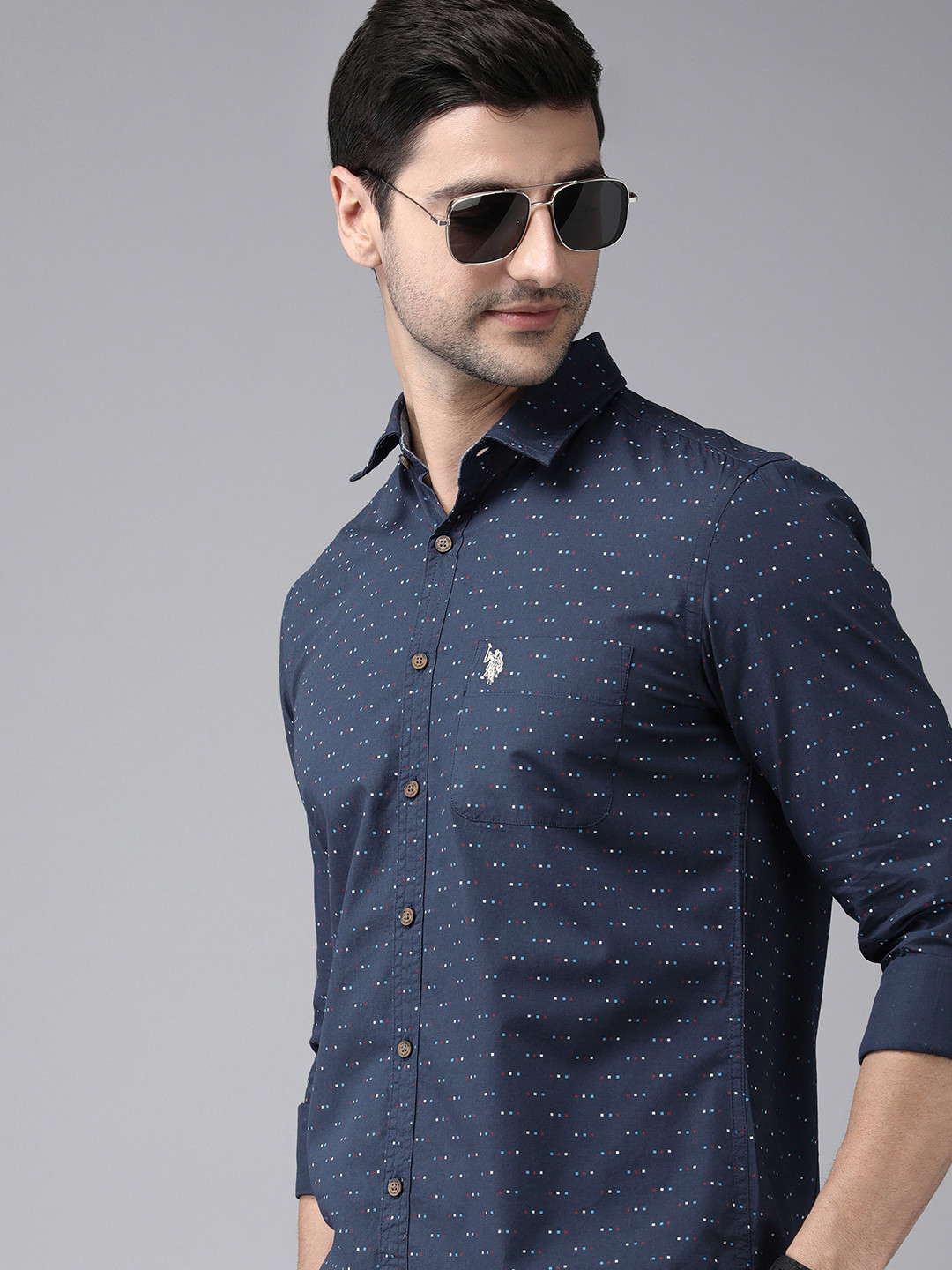 

U S Polo Assn Denim Co Men Navy Blue & White Solid Casual Shirt