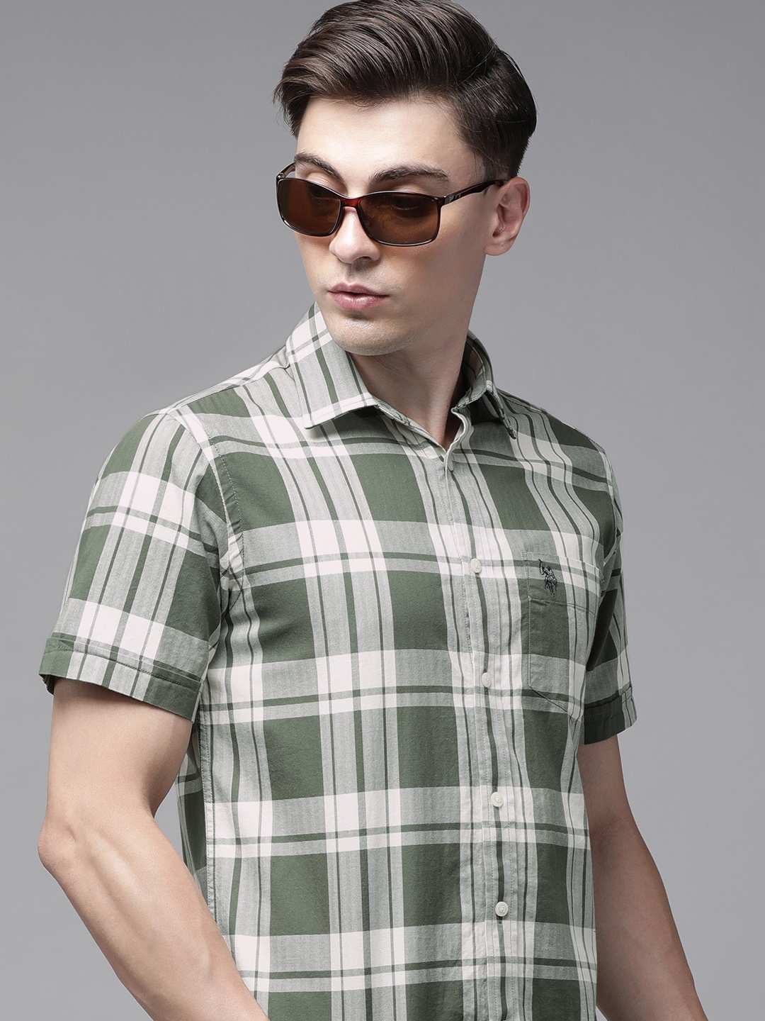 

U S Polo Assn Men Olive Green And Grey Tailored Fit Tartan Checked Casual Shirt