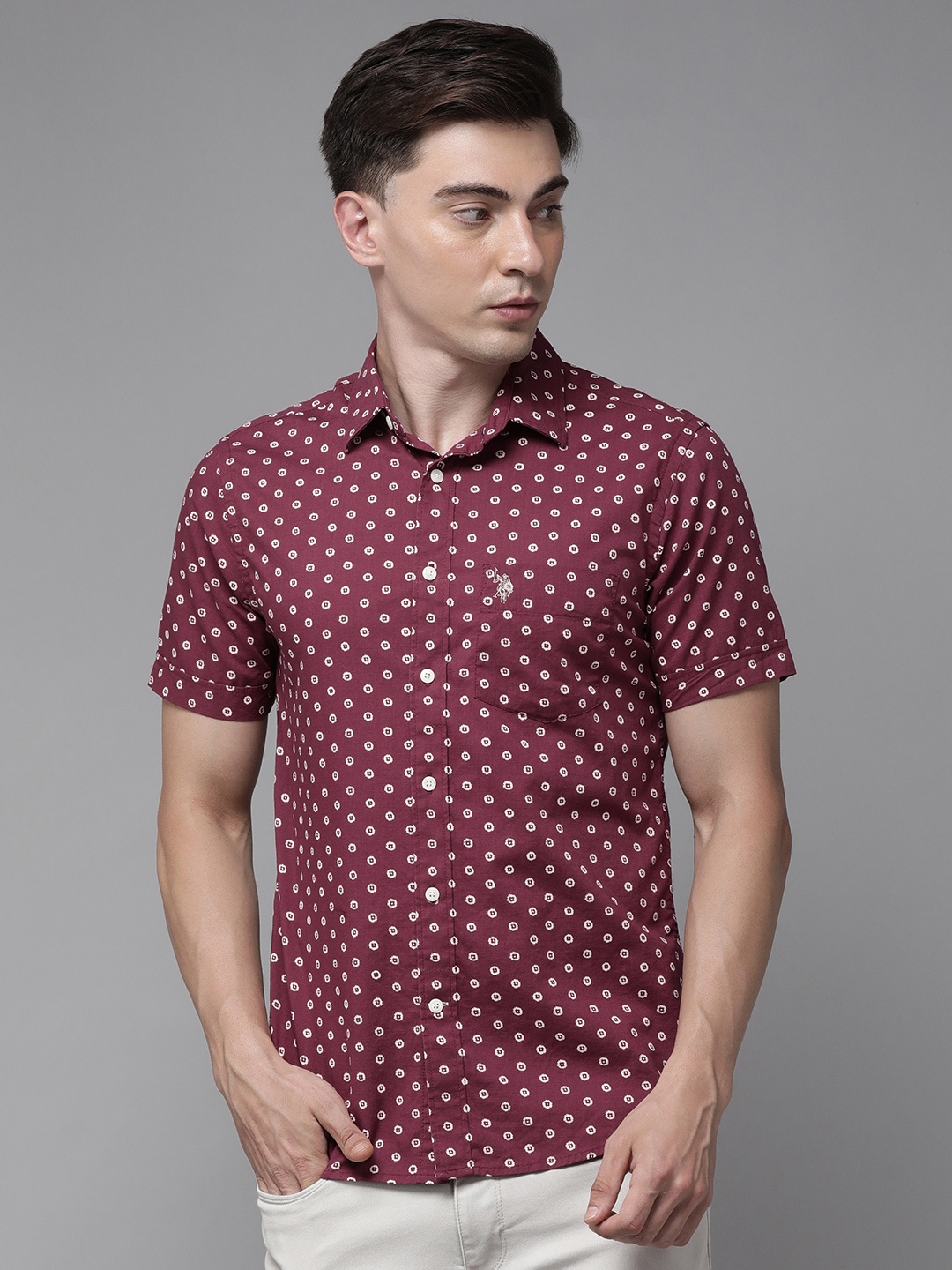 

U S Polo Assn Men Red Tailored Fit Printed Casual Shirt