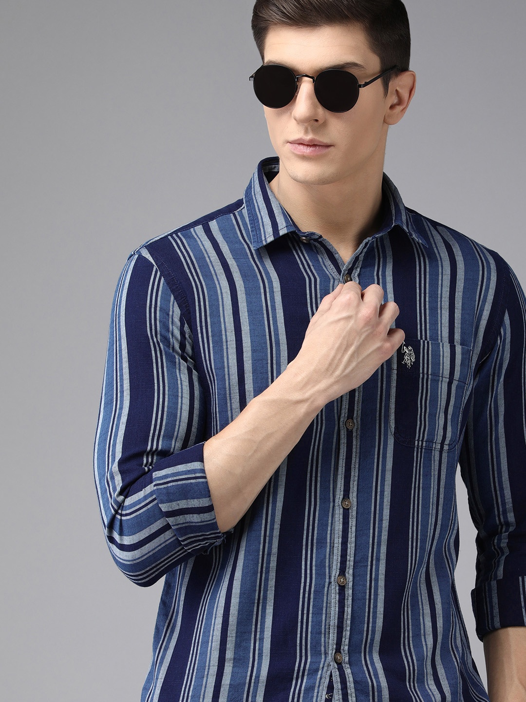 

U S Polo Assn Denim Co Men Navy Blue Striped Cotton Shirt