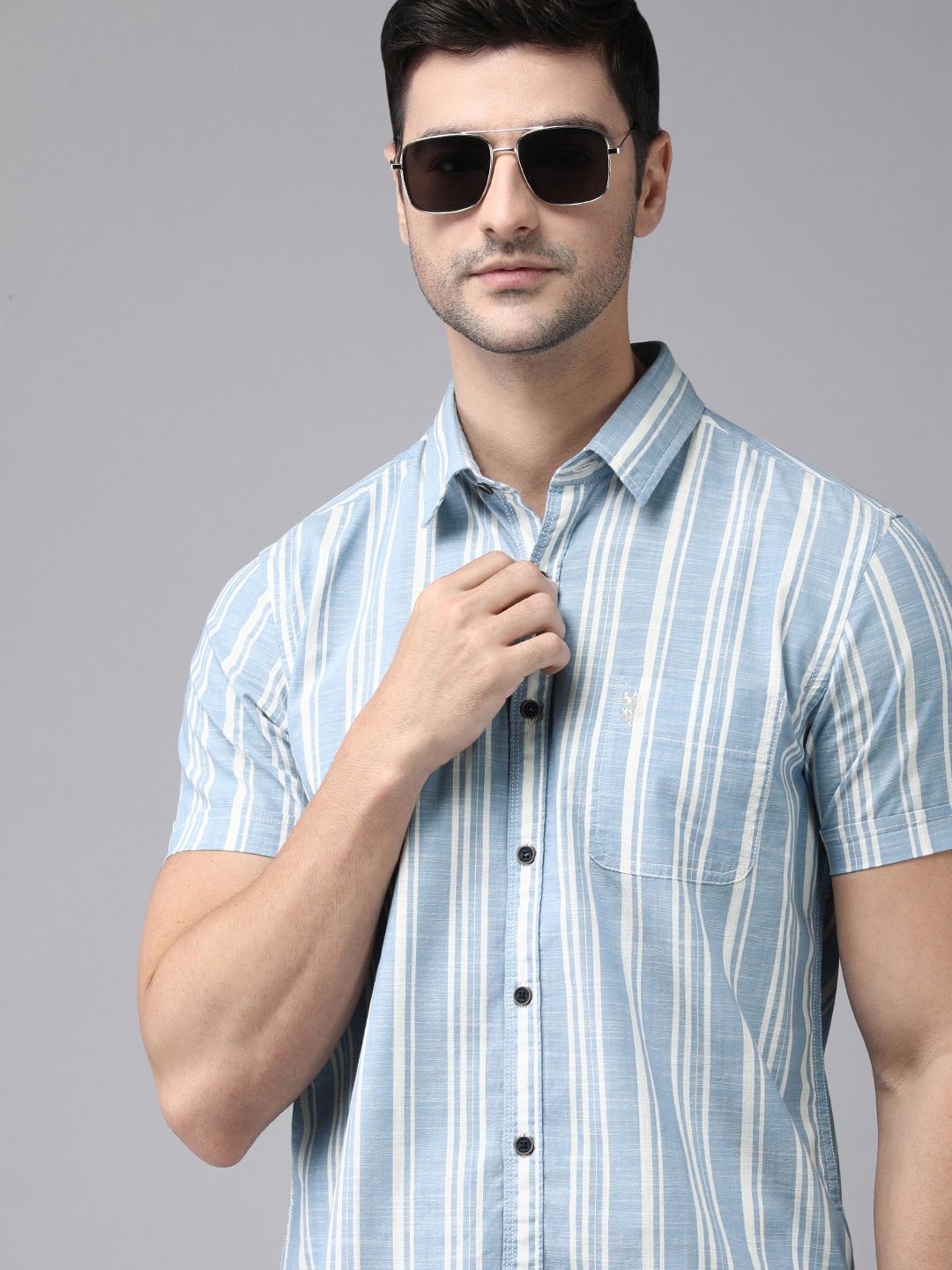 

U S Polo Assn Denim Co Men Blue Multi Stripes Short Sleeves Casual Shirt